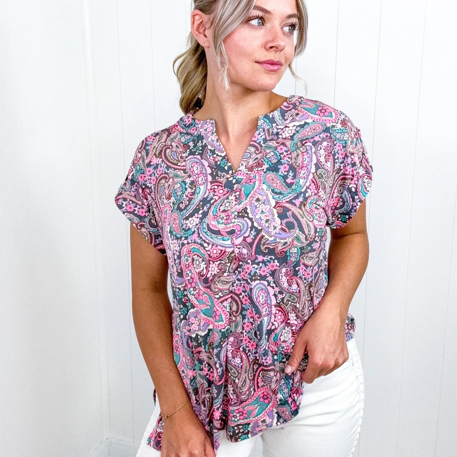 Dear Scarlett Lizzy Cap Sleeve Top in Charcoal and Pink Paisley sold by Boujee Boutique product image thumbnail 4