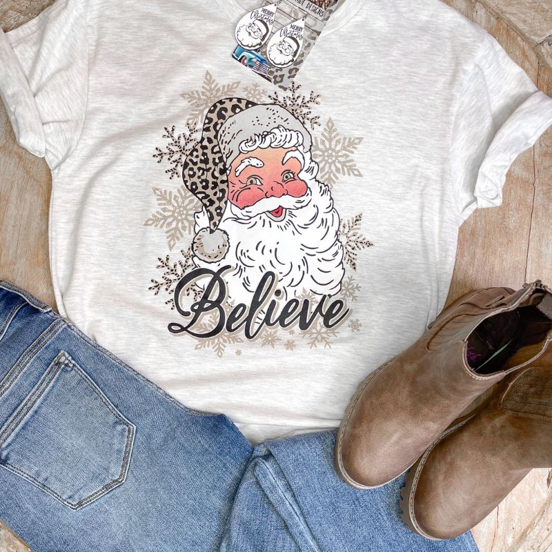 Believe Leopard Print Santa and Snowflake Graphic Tee sold by Boujee Boutique product image thumbnail 3