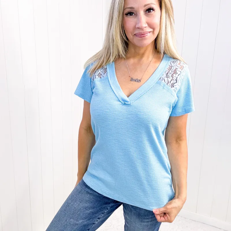 Pol Light Blue Lace Shoulder Detail Ribbed Short Sleeve Top sold by Boujee Boutique