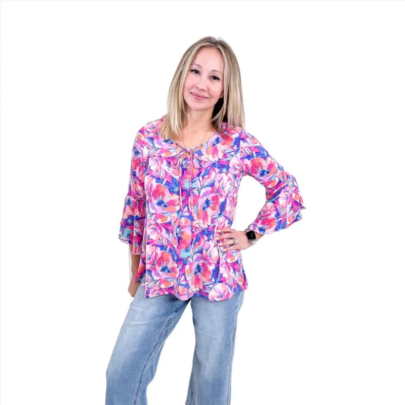 Dear Scarlett Willow Bell Sleeve Top in Royal Brushed Floral sold by Boujee Boutique