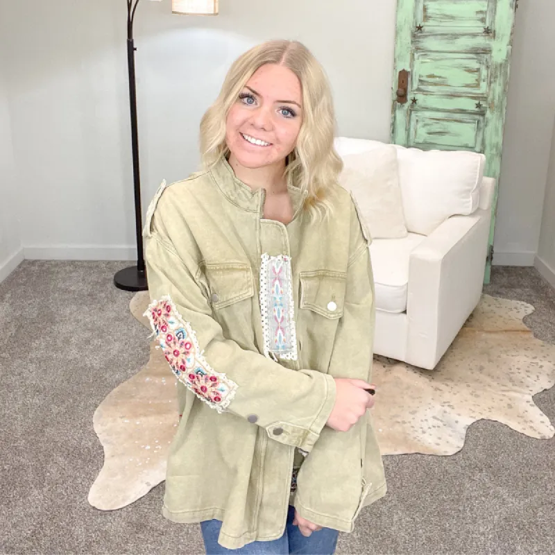 POL Dusty Olive Floral Patch Jacket sold by Boujee Boutique