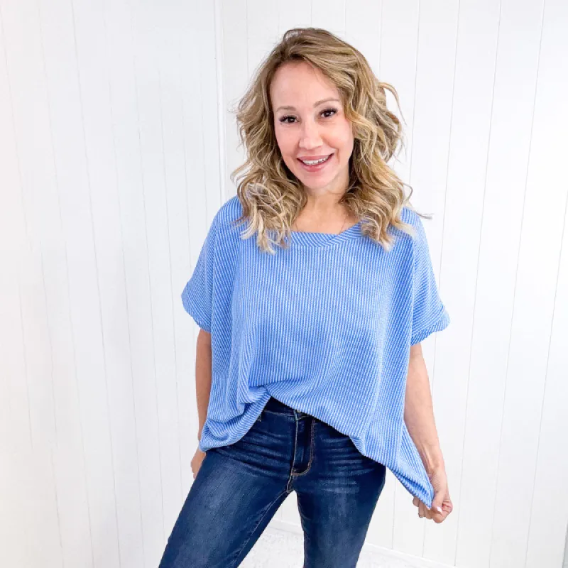 Textured Line Twisted Short Sleeve Top in Sky Blue sold by Boujee Boutique