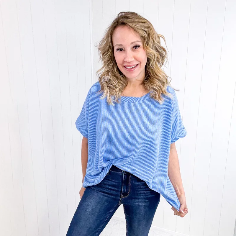 Textured Line Twisted Short Sleeve Top in Sky Blue sold by Boujee Boutique