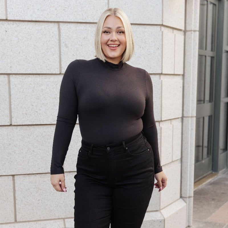 Simple Situation Mock Neck Black Bodysuit sold by Boujee Boutique