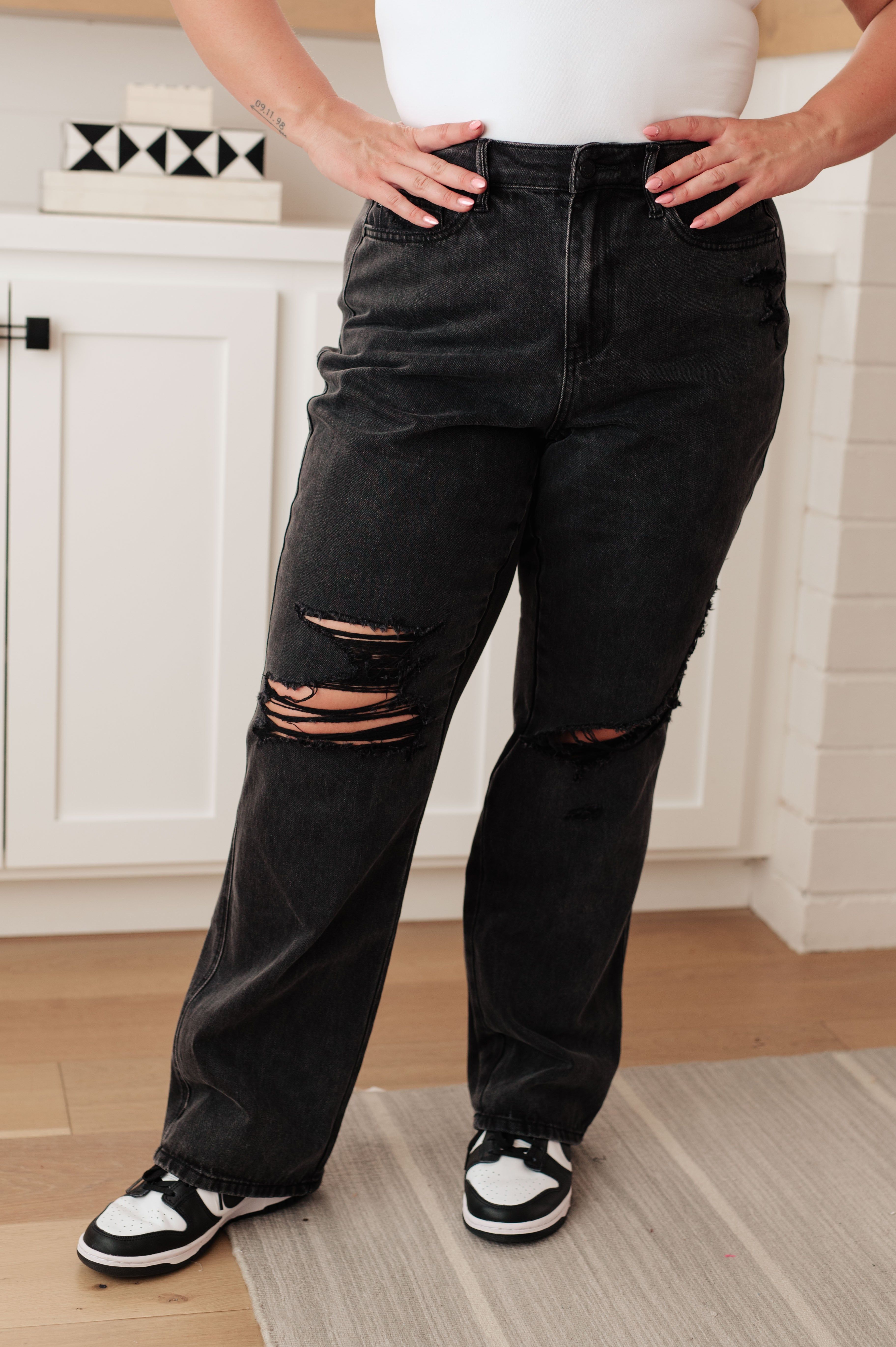 Judy Blue High Waist Rigid Magic Black 90's Distressed Straight Jeans sold by Boujee Boutique product image thumbnail 4