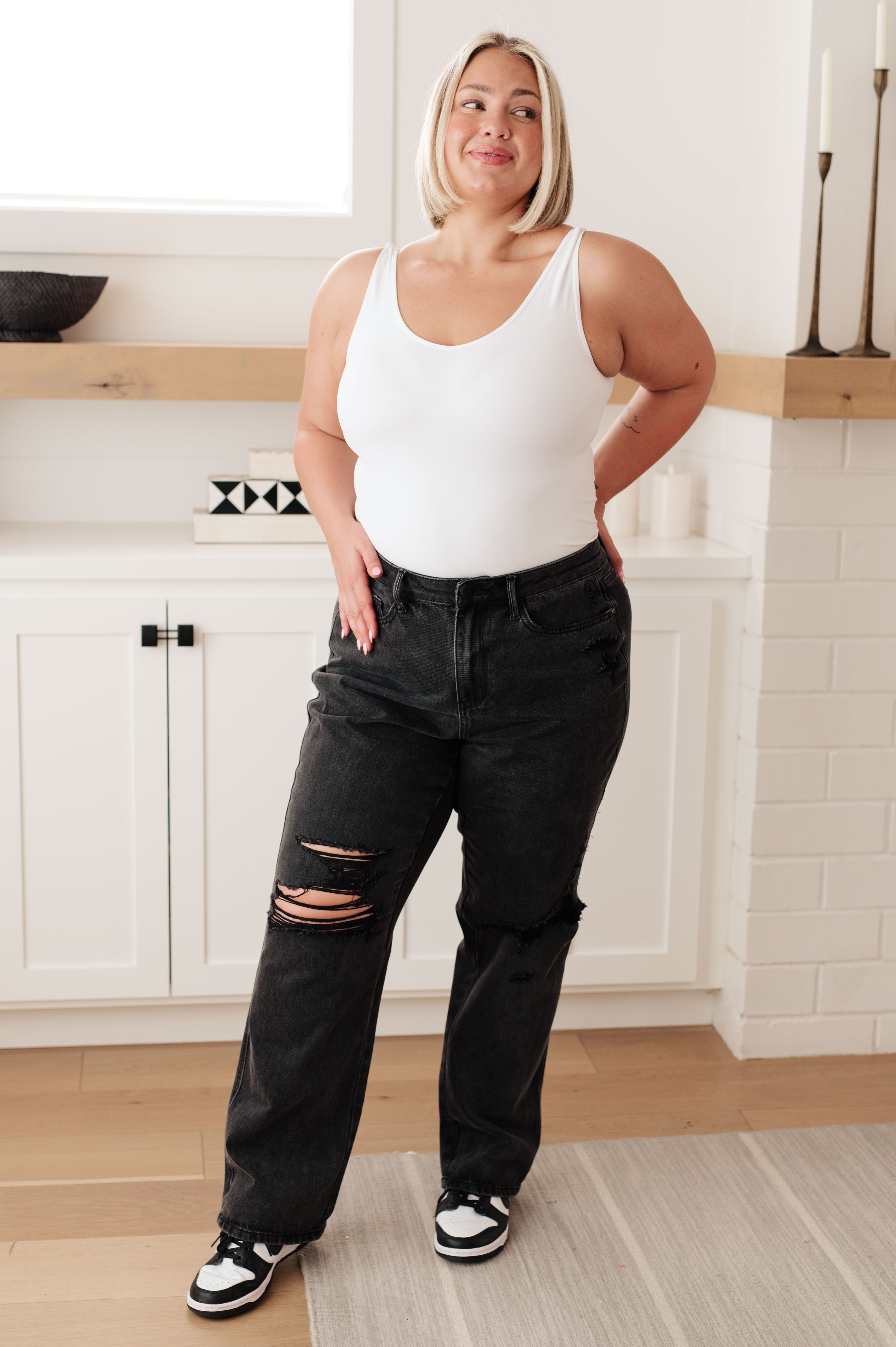 Judy Blue High Waist Rigid Magic Black 90's Distressed Straight Jeans sold by Boujee Boutique product image thumbnail 2