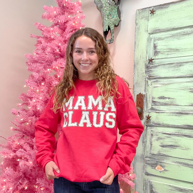 Red Mama Claus Graphic Fleece Long Sleeve Sweatshirt sold by Boujee Boutique