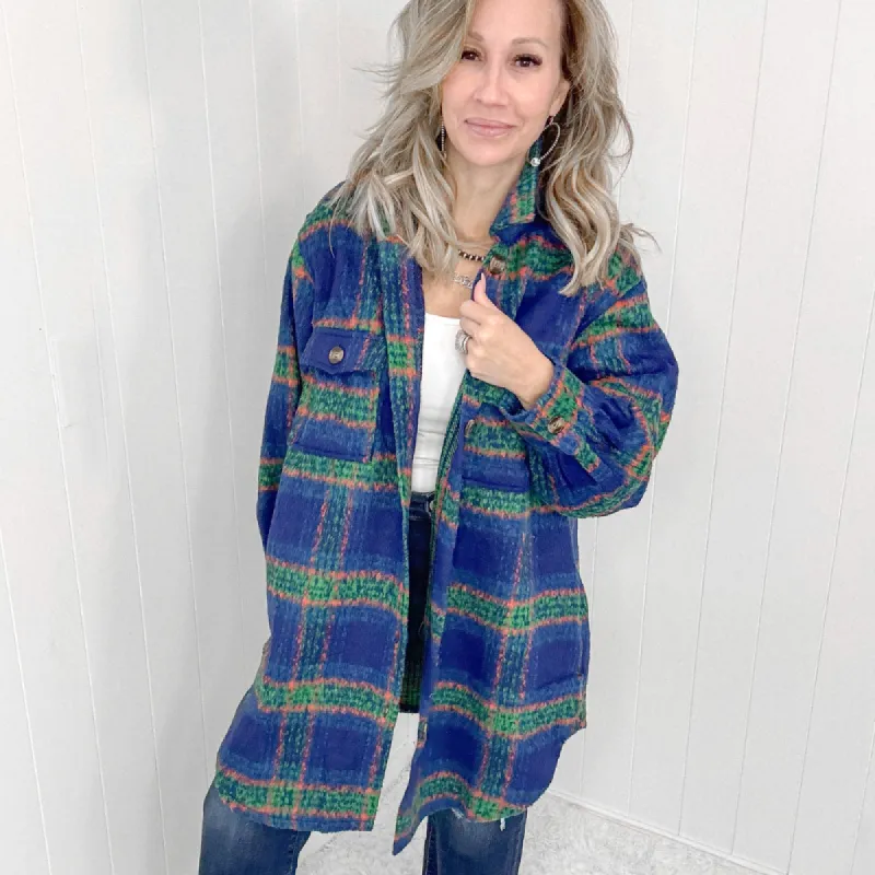 Blue Plaid Brushed Flannel Long Jacket sold by Boujee Boutique