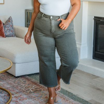 Judy Blue High Waist Control Top Wide Leg Crop Jeans in Olive made by Judy Blue