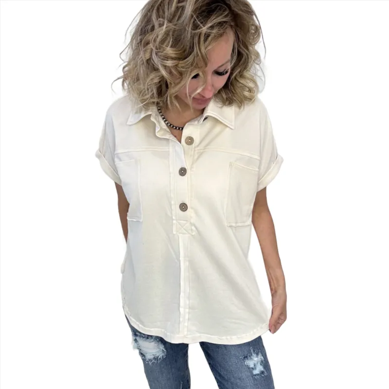 Cream Oversized Short Sleeve Raw Hem Top sold by Boujee Boutique