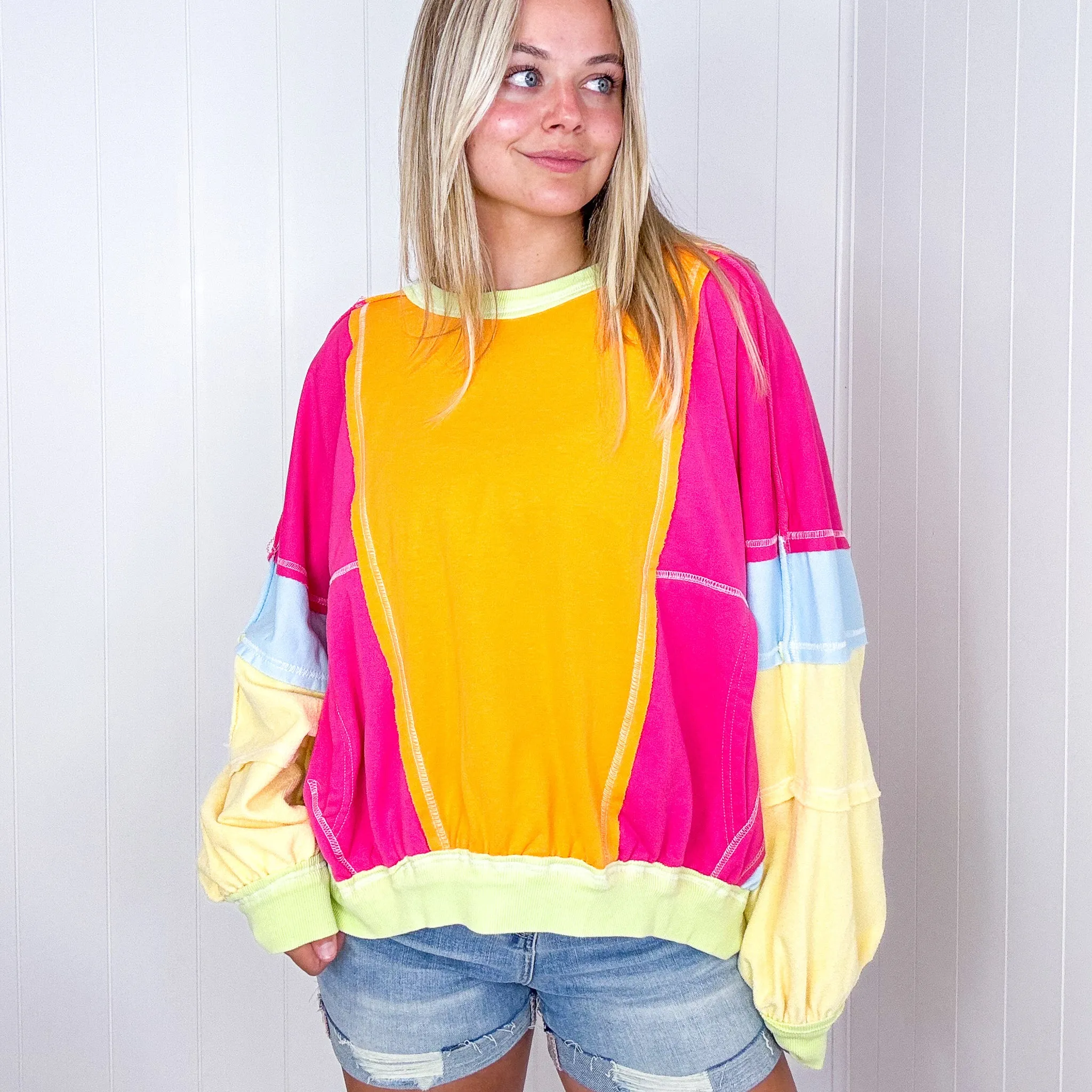 Cozy Sunset Fuchsia and Lime Balloon Washed Terry Long Sleeve Pullover sold by Boujee Boutique product image thumbnail 3
