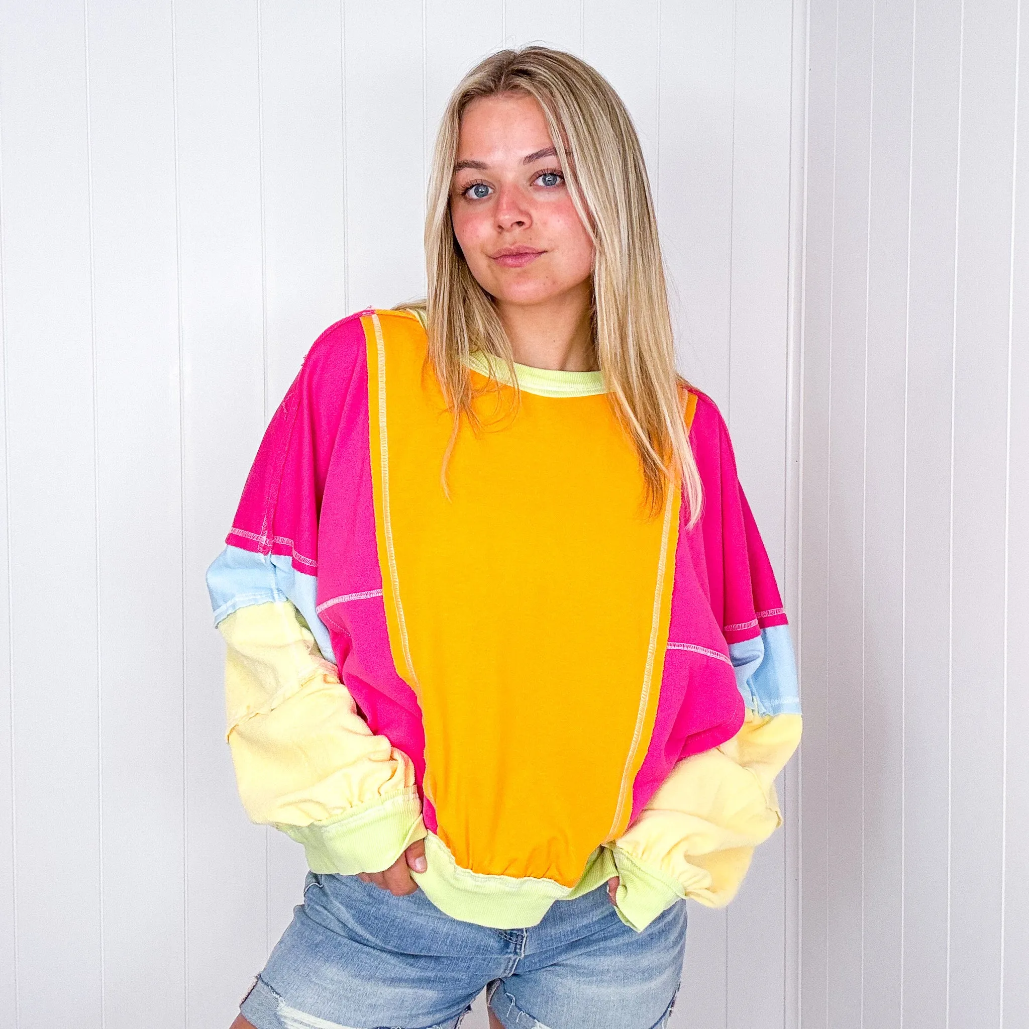 Cozy Sunset Fuchsia and Lime Balloon Washed Terry Long Sleeve Pullover sold by Boujee Boutique