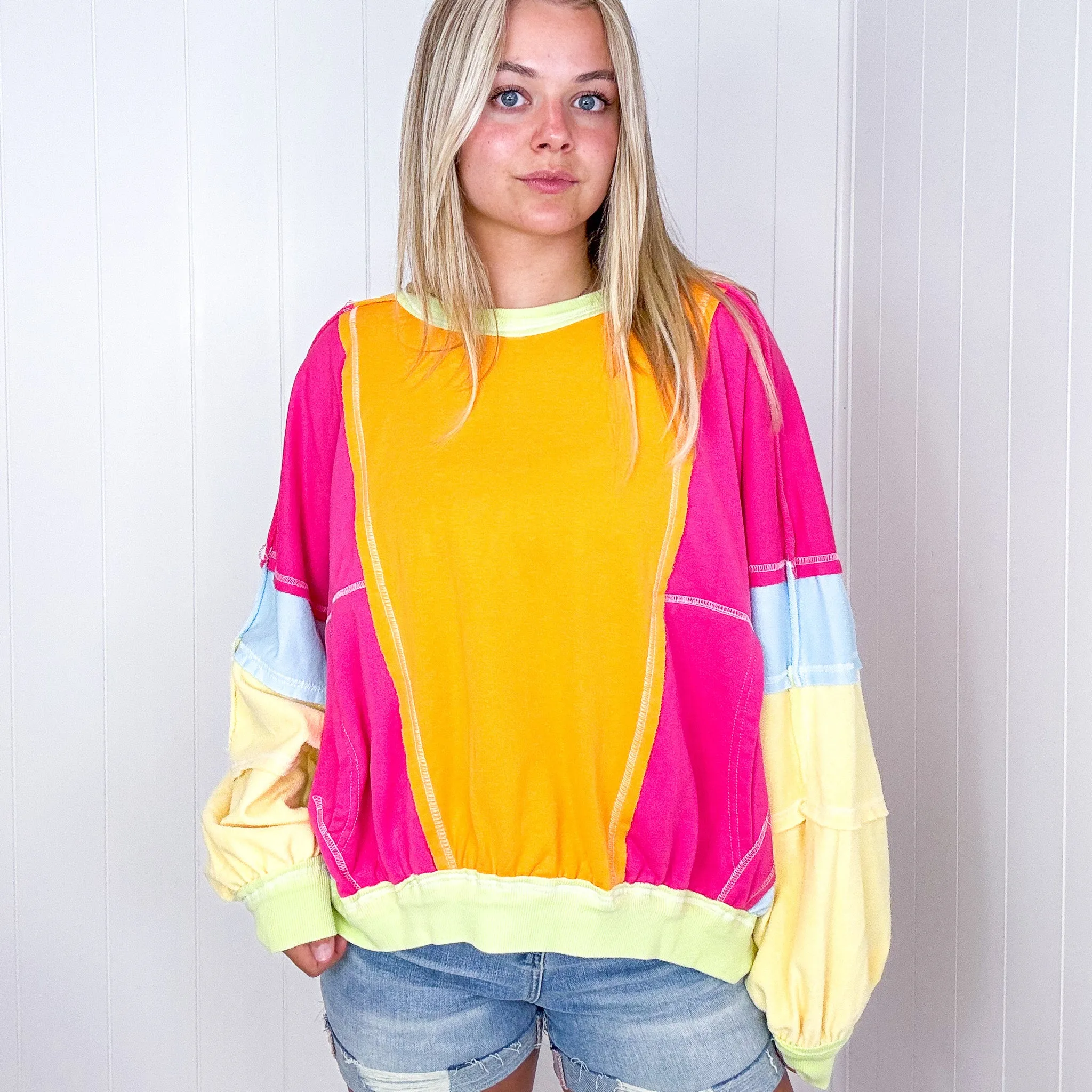 Cozy Sunset Fuchsia and Lime Balloon Washed Terry Long Sleeve Pullover sold by Boujee Boutique product image thumbnail 2