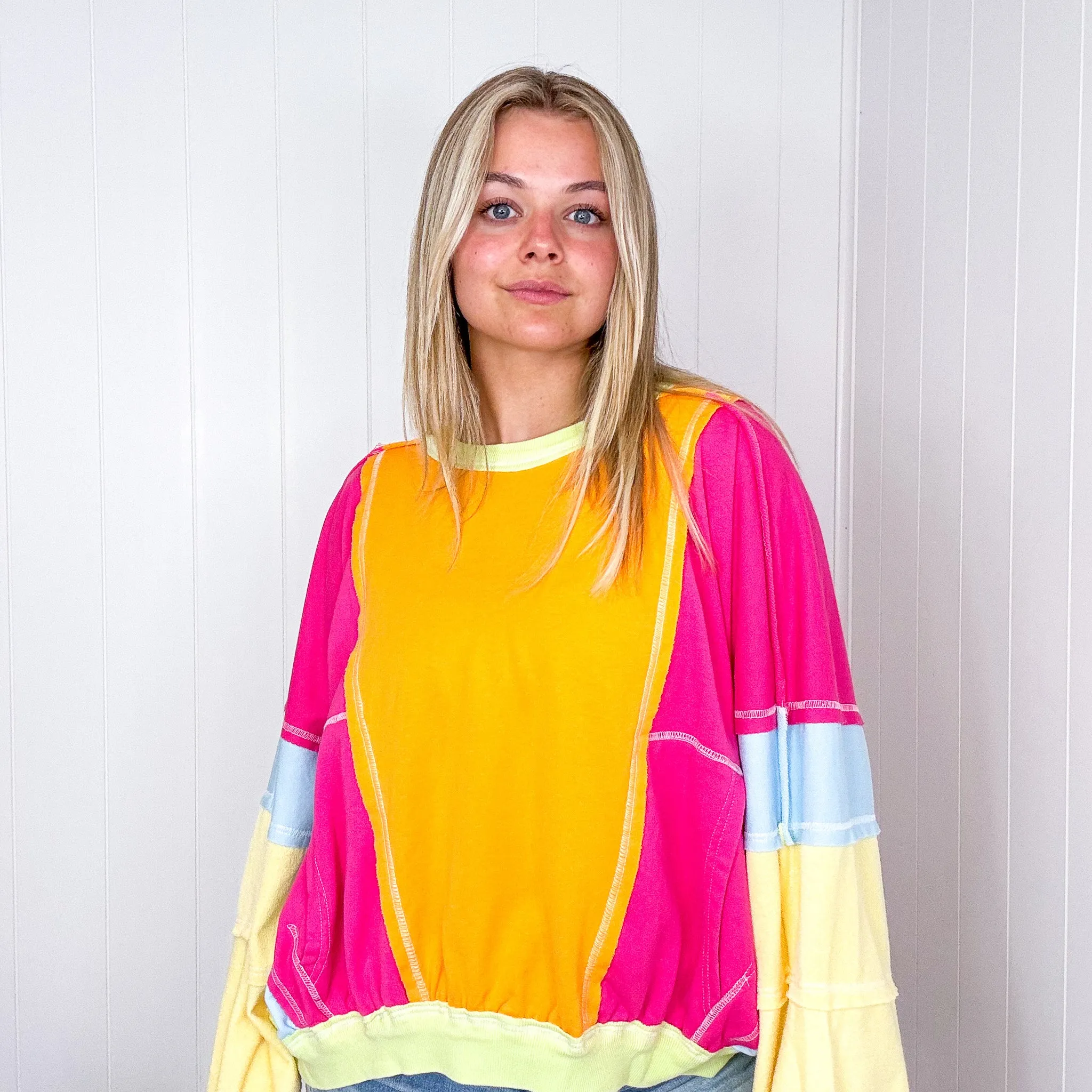Cozy Sunset Fuchsia and Lime Balloon Washed Terry Long Sleeve Pullover sold by Boujee Boutique product image thumbnail 4