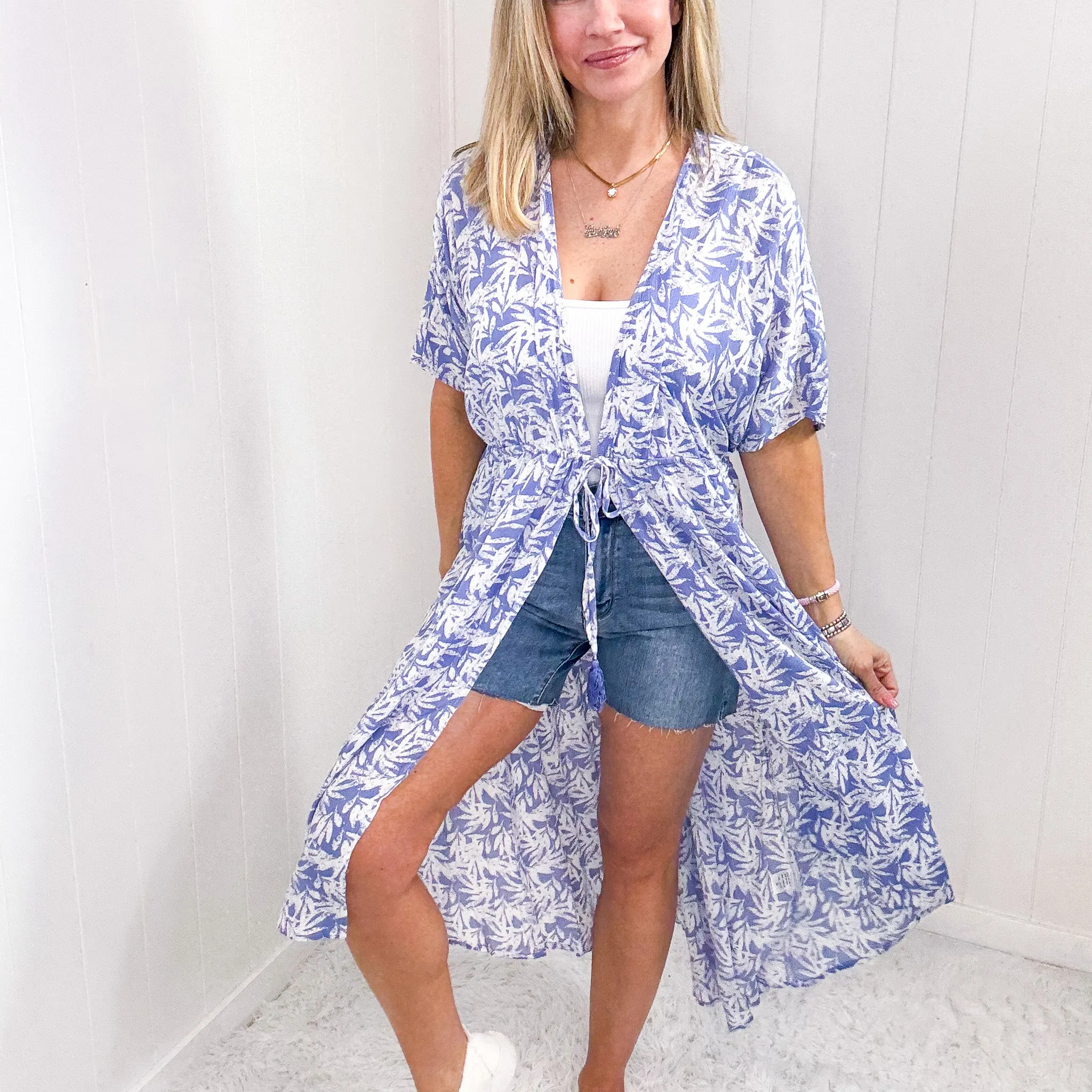 Periwinkle Tropical Print Gauze with Elastic Waist Tie Kimono sold by Boujee Boutique product image thumbnail 3