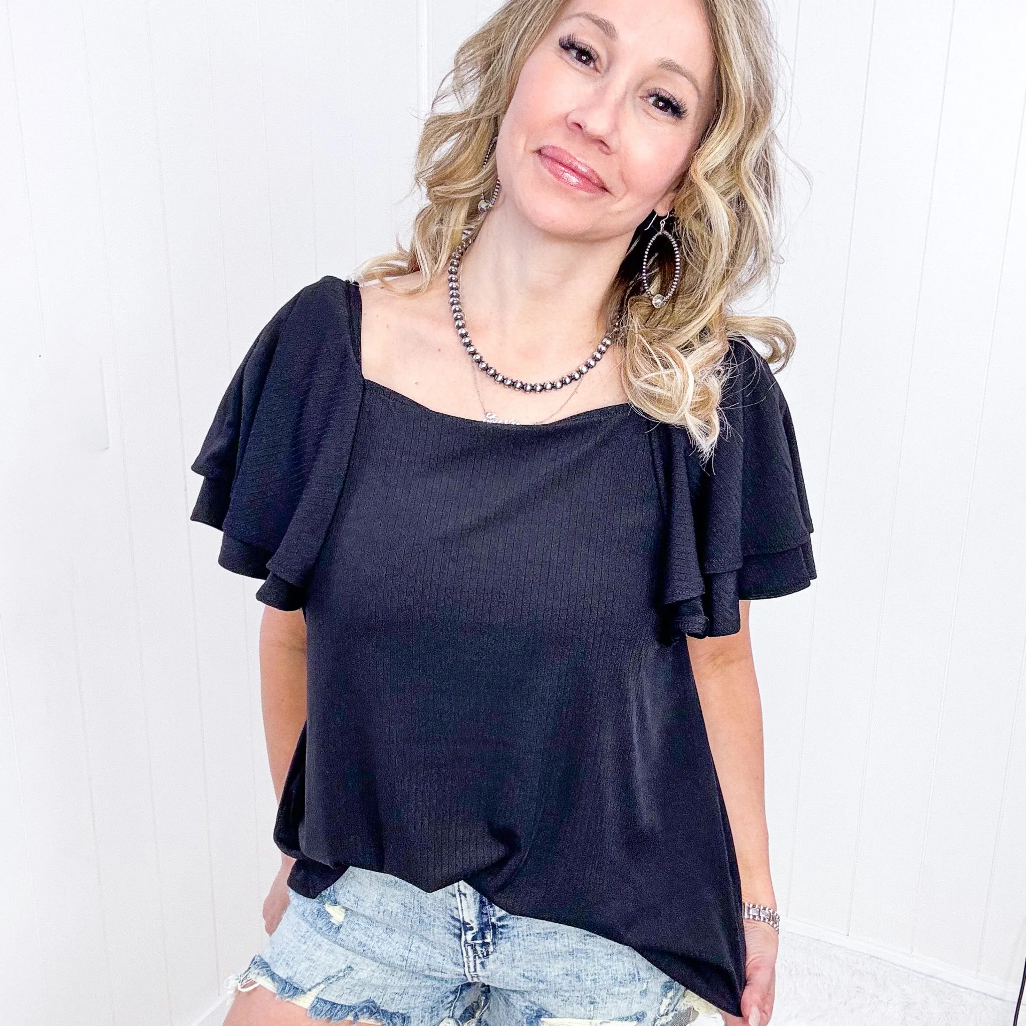 Black Double Ruffle Sleeve Square Neck Ribbed Top sold by Boujee Boutique product image thumbnail 5