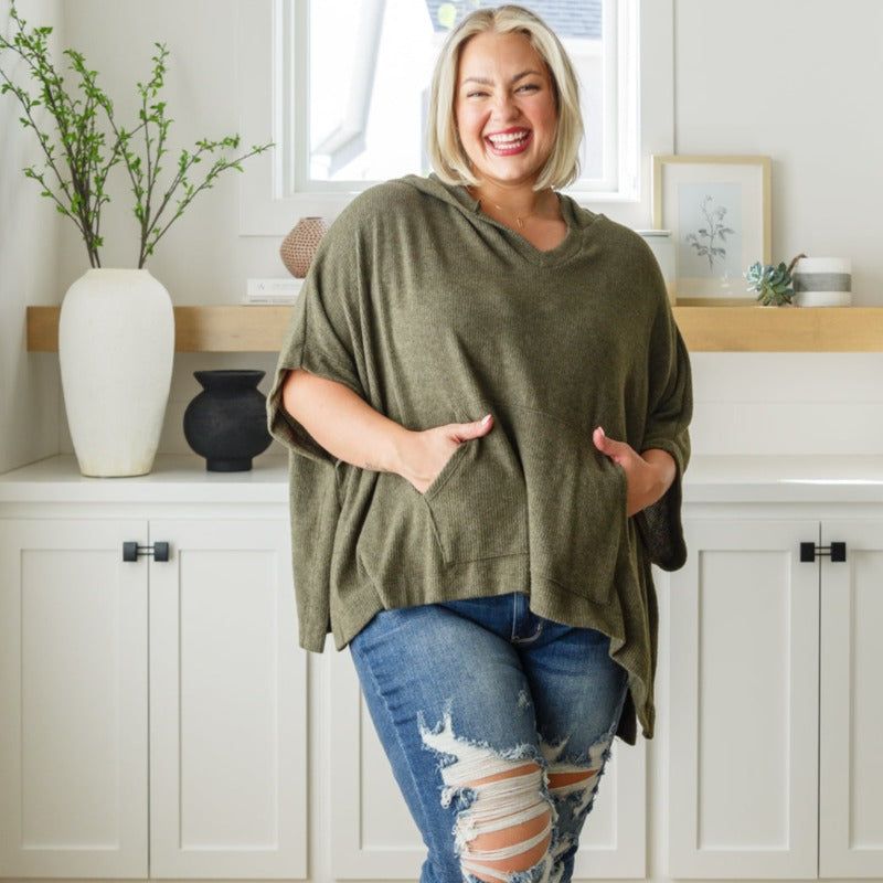 Perfectly Poised Hooded Poncho in Olive sold by Boujee Boutique
