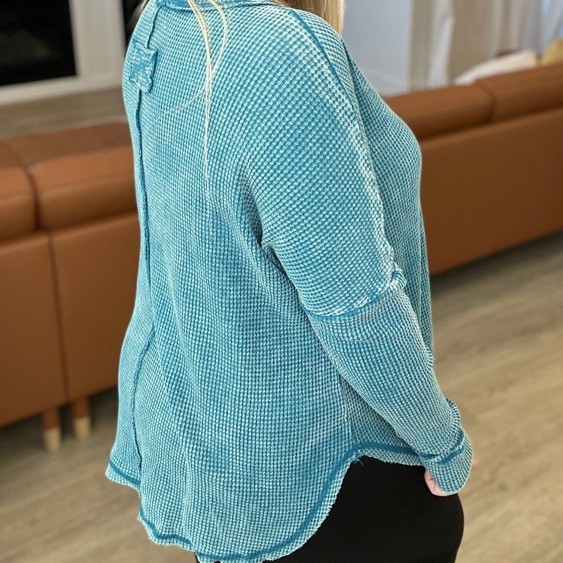 Mineral Wash Baby Waffle Long Sleeve Top in Teal sold by Boujee Boutique product image thumbnail 3