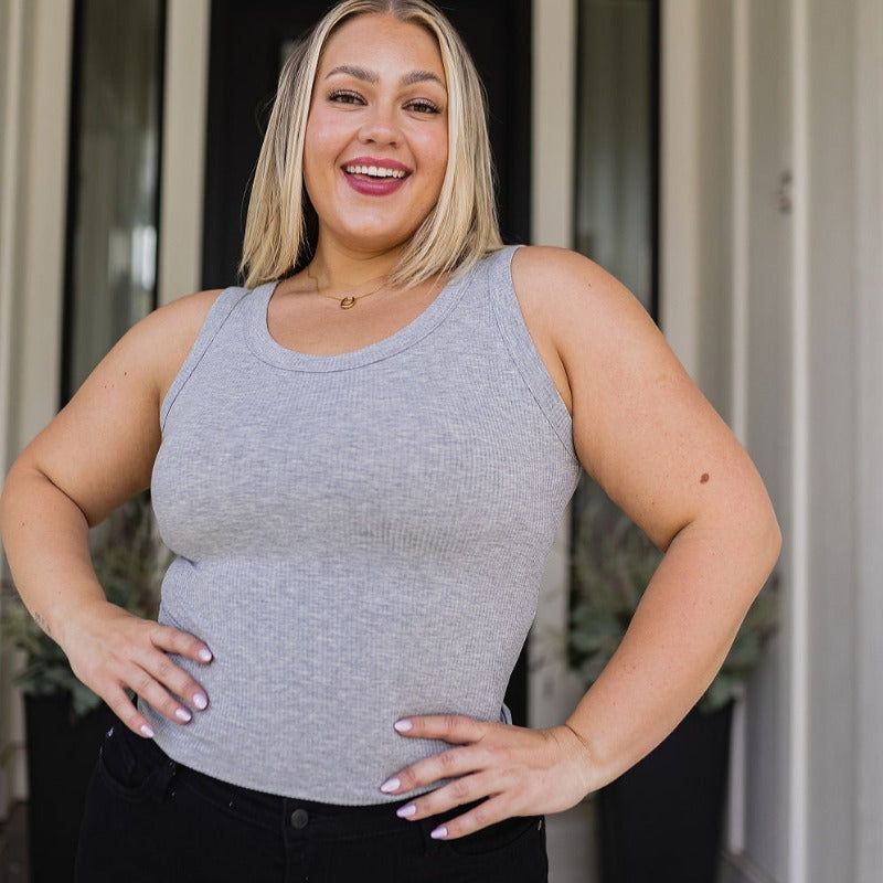 Just One More Ribbed Tank in Heather Grey sold by Boujee Boutique