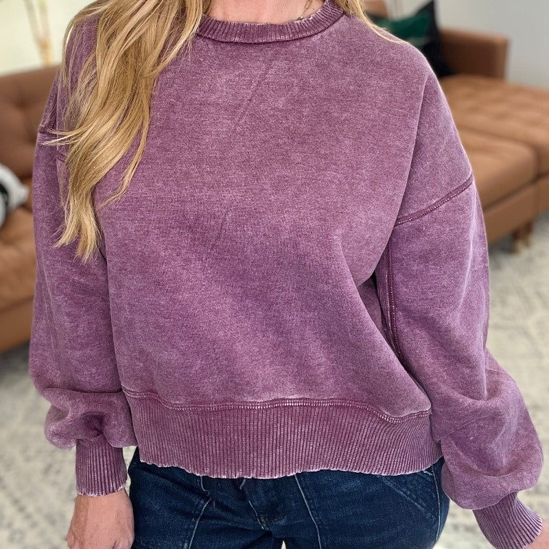 Acid Wash Oversized Pullover Sweatshirt in Eggplant sold by Boujee Boutique