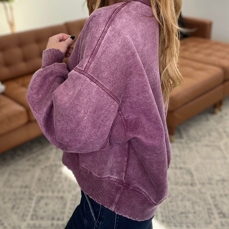 Acid Wash Oversized Pullover Sweatshirt in Eggplant sold by Boujee Boutique product image thumbnail 3