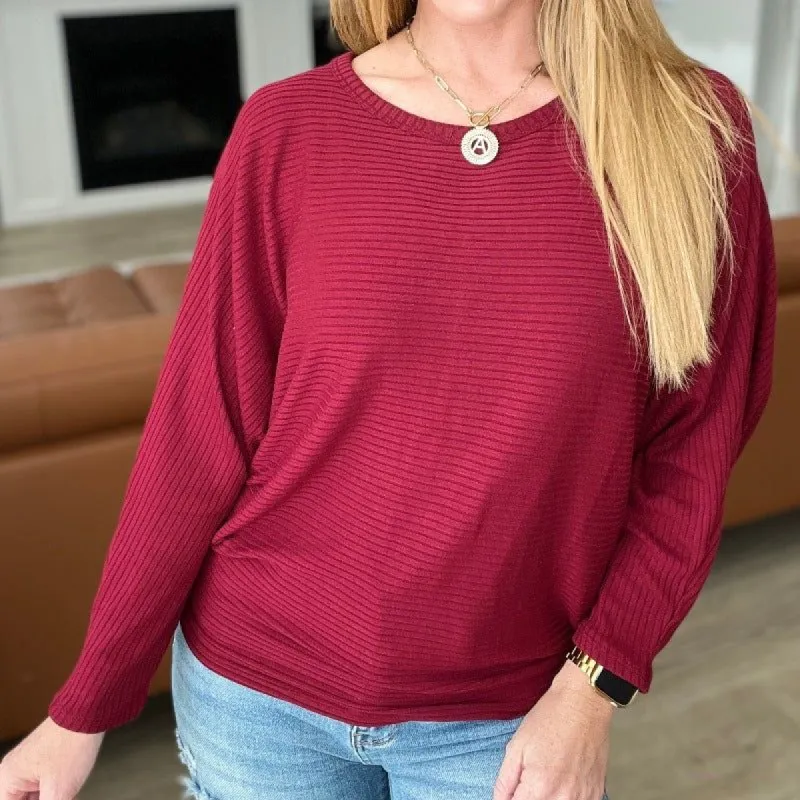 Ribbed Dolman Sleeve Boat Neck Top in Dark Burgundy sold by Boujee Boutique