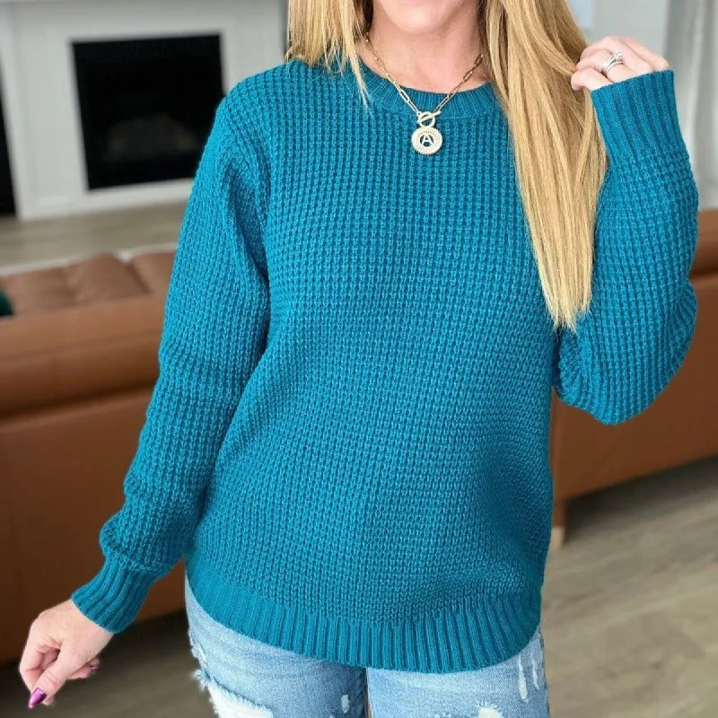 High Low Waffle Knit Sweater in Ocean Teal sold by Boujee Boutique