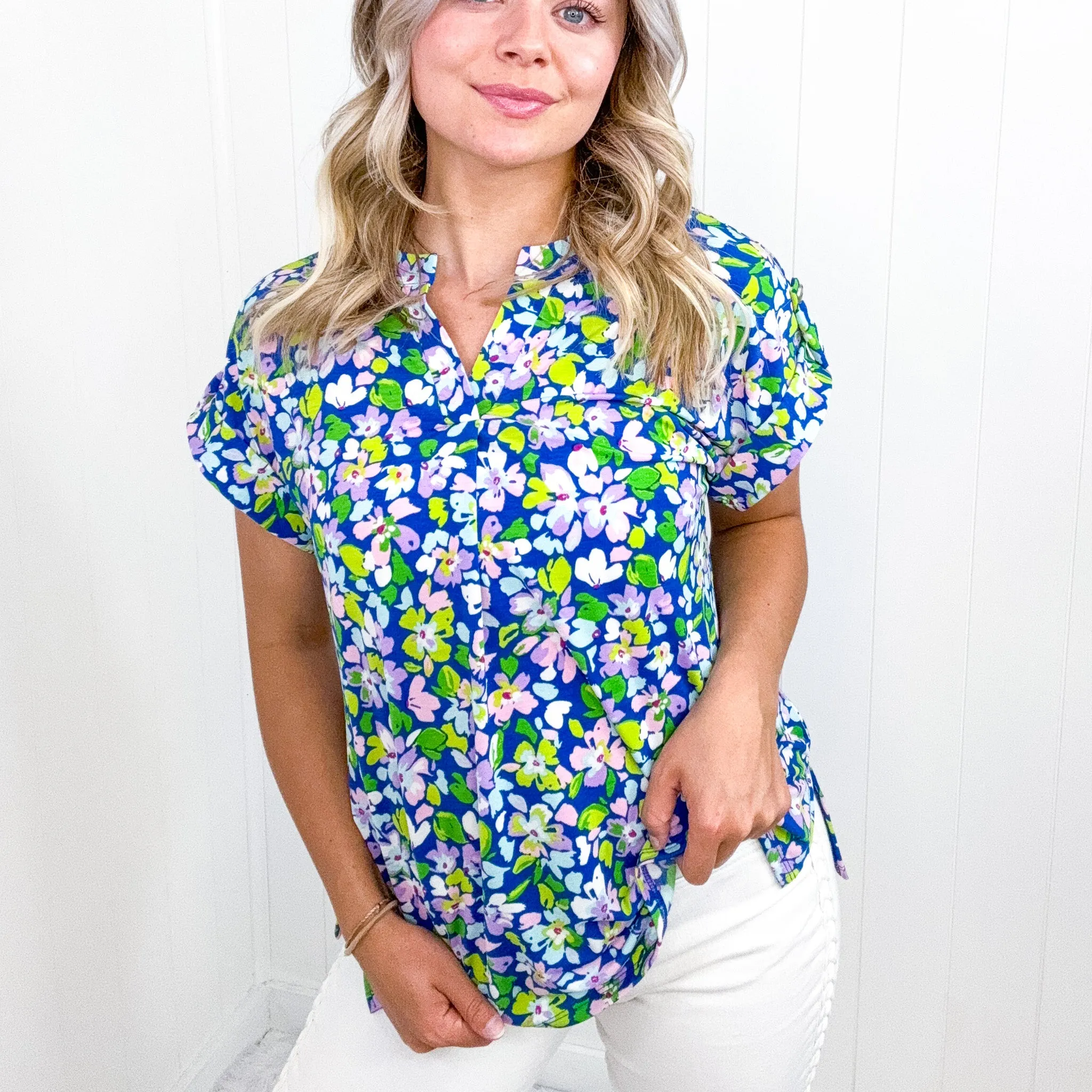 Dear Scarlett Lizzy Cap Sleeve Top in Royal and Pink Wildflower sold by Boujee Boutique product image thumbnail 2