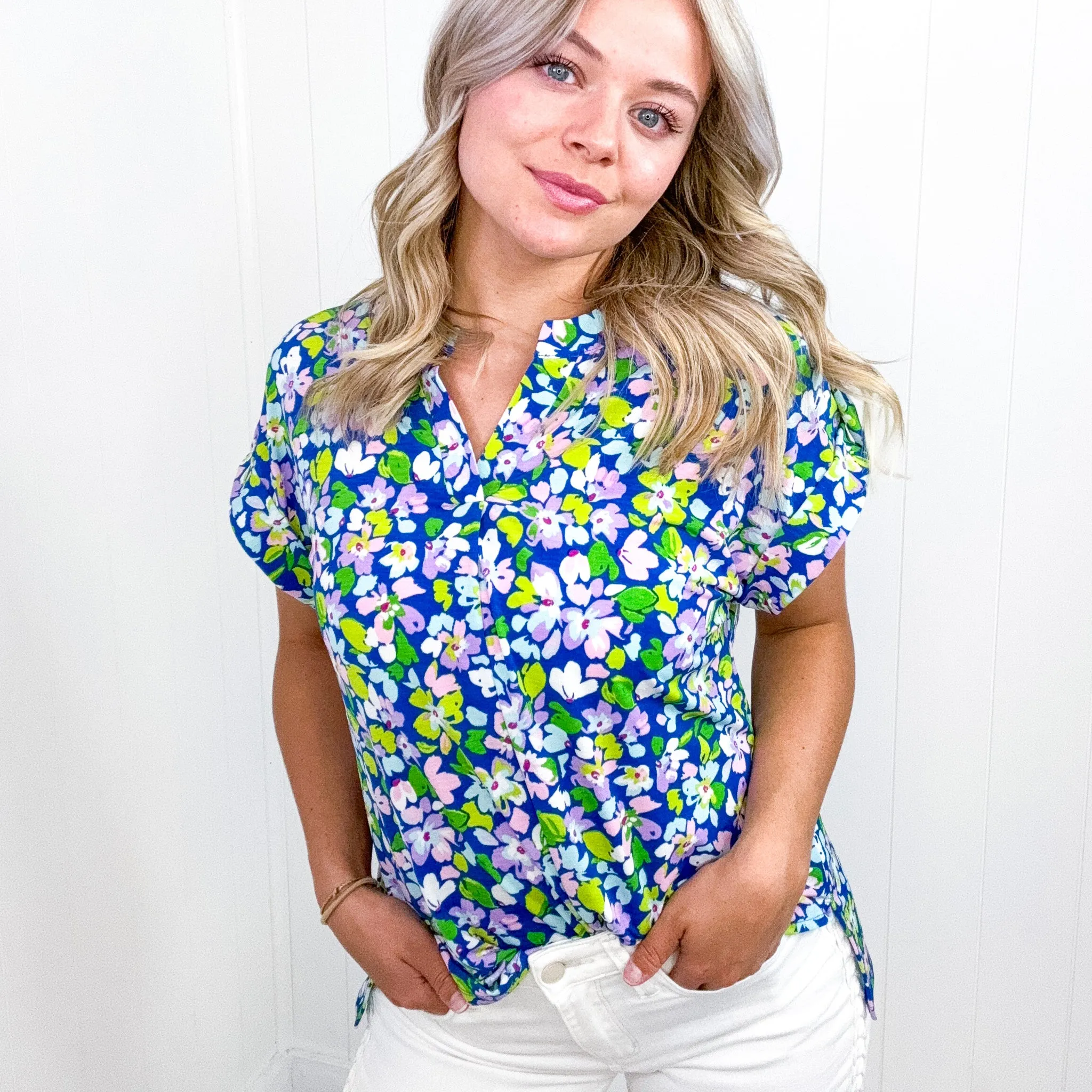 Dear Scarlett Lizzy Cap Sleeve Top in Royal and Pink Wildflower sold by Boujee Boutique product image thumbnail 5