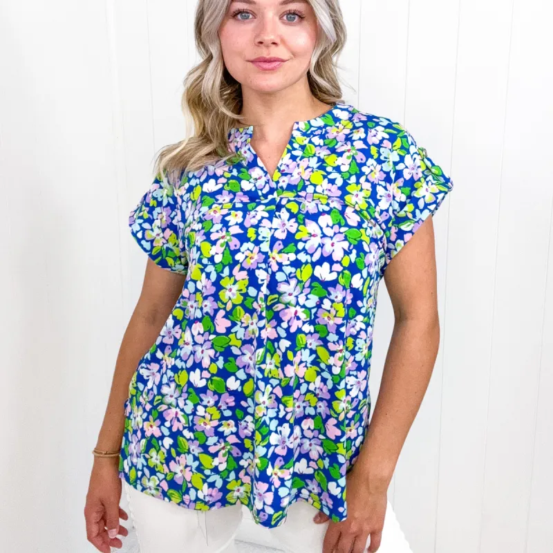 Dear Scarlett Lizzy Cap Sleeve Top in Royal and Pink Wildflower sold by Boujee Boutique