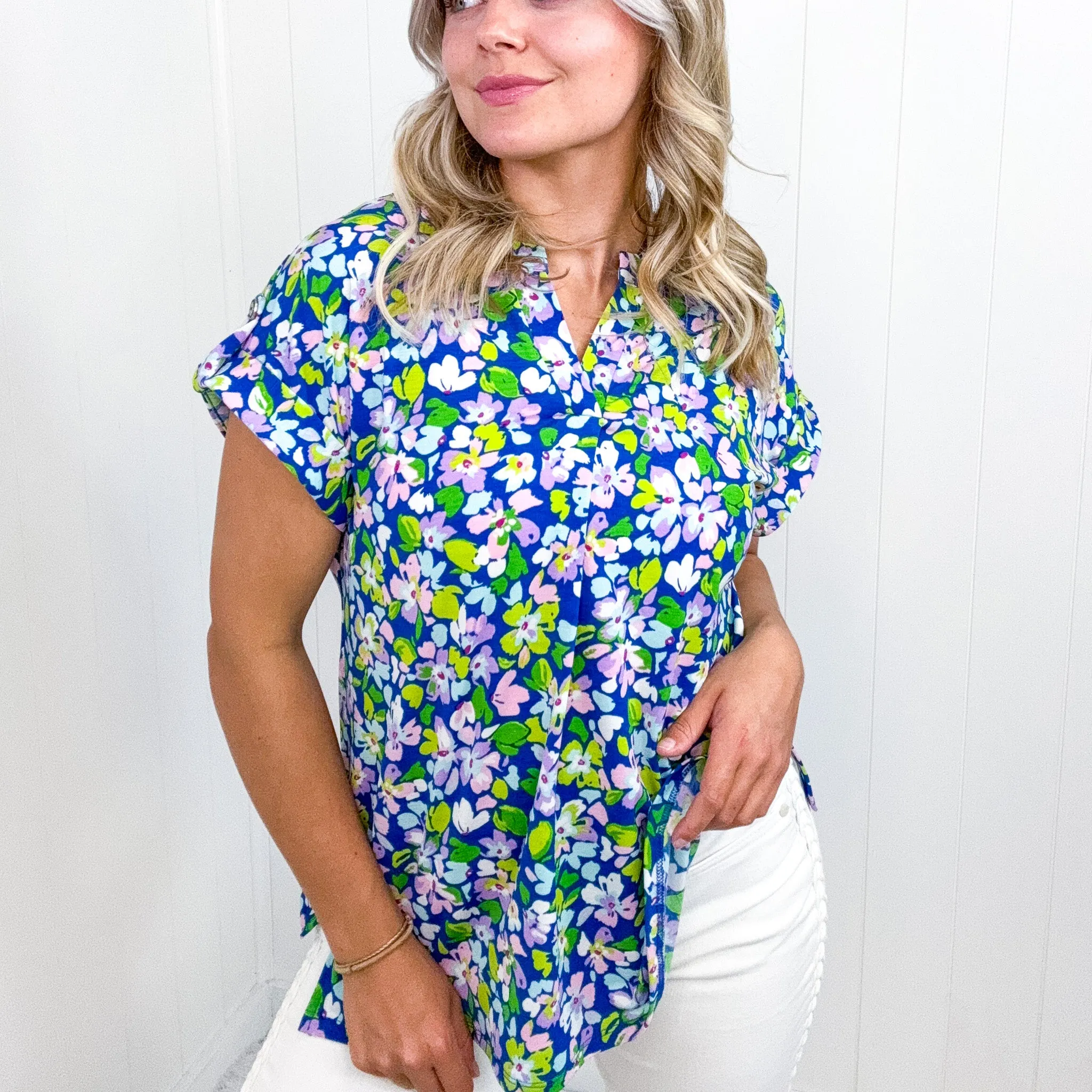 Dear Scarlett Lizzy Cap Sleeve Top in Royal and Pink Wildflower sold by Boujee Boutique product image thumbnail 3