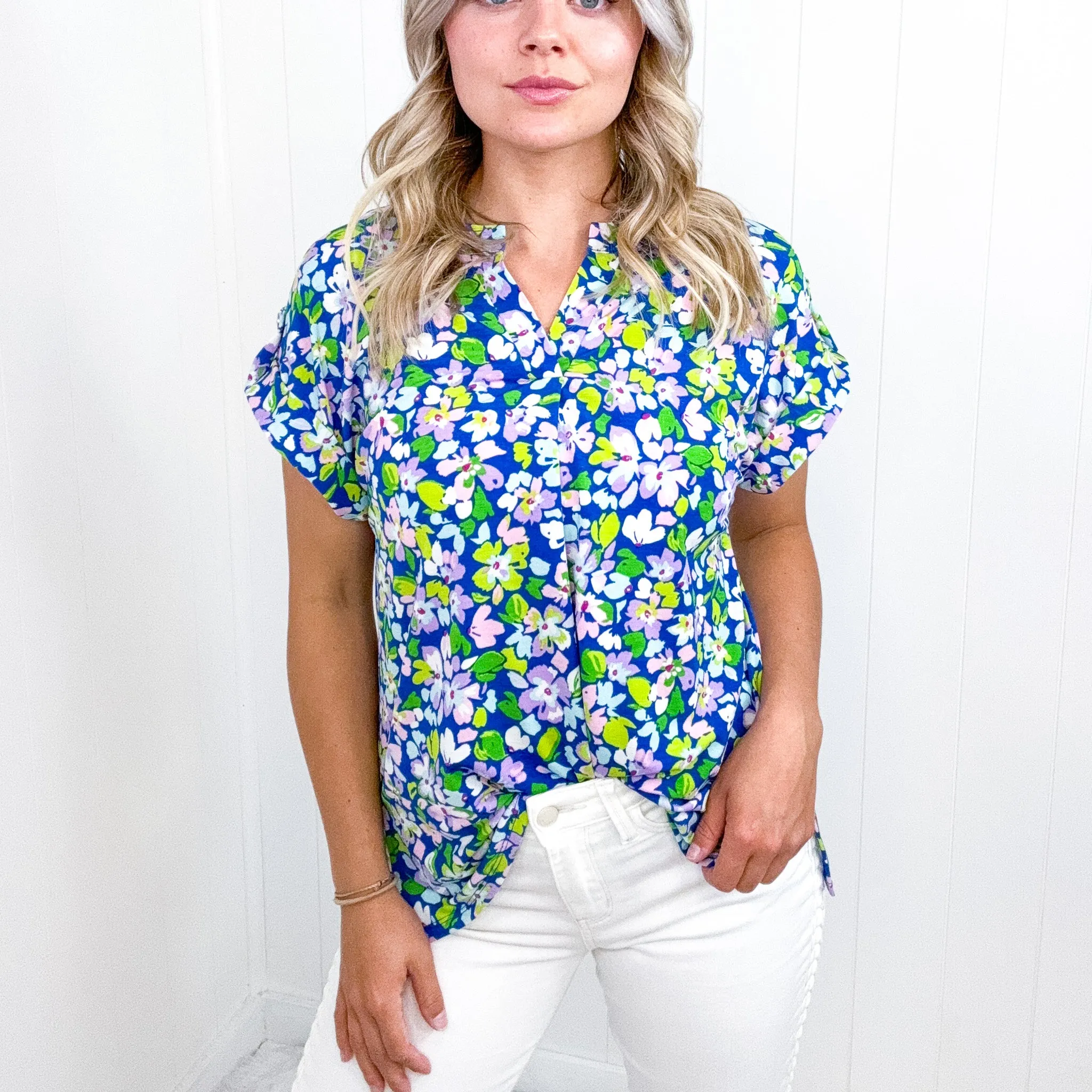 Dear Scarlett Lizzy Cap Sleeve Top in Royal and Pink Wildflower sold by Boujee Boutique product image thumbnail 4