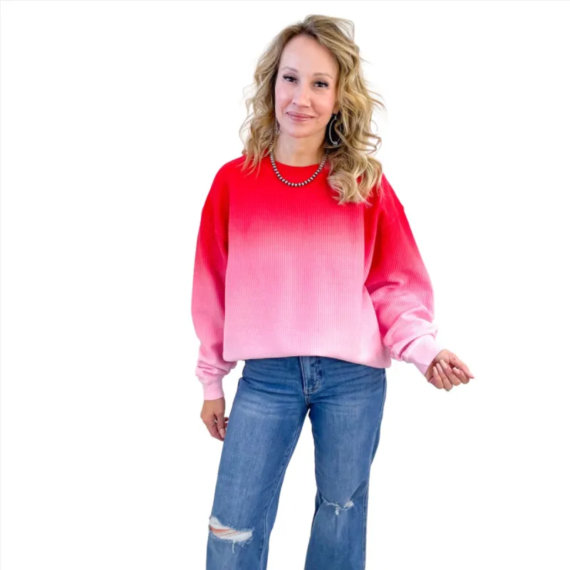 Berry Blast Ombre Oversized Luxe Soft Corded Crewneck Pullover sold by Boujee Boutique