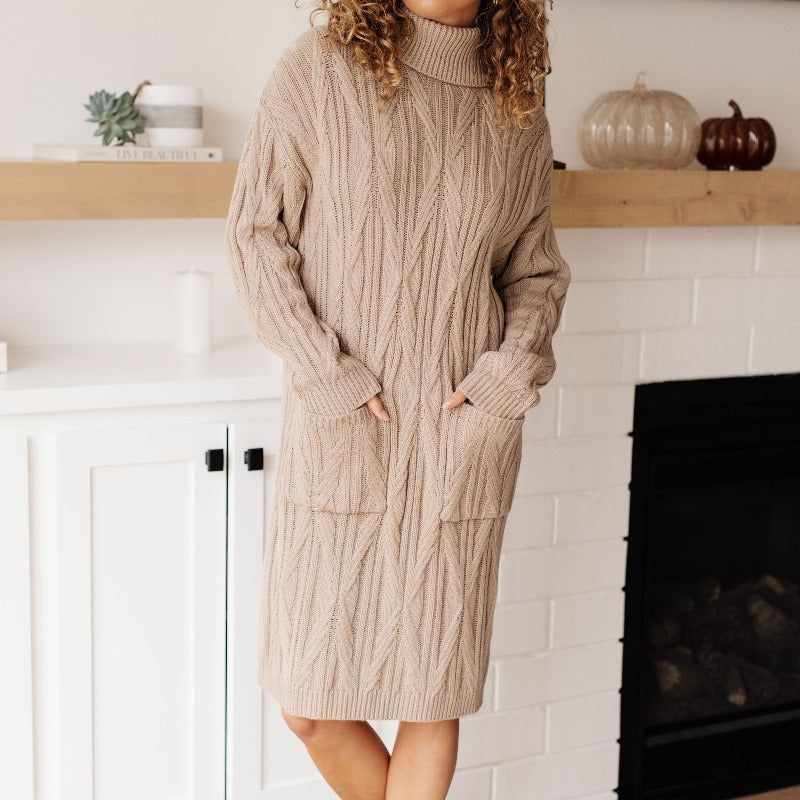 Bundled Beauty Turtleneck Taupe Cable knit Sweater Dress sold by Boujee Boutique