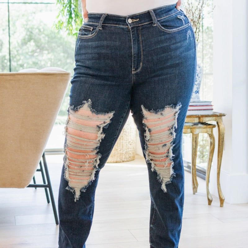 Judy Blue Sloane Mid Rise Heavy Destroyed Straight Jeans sold by Boujee Boutique product image thumbnail 3