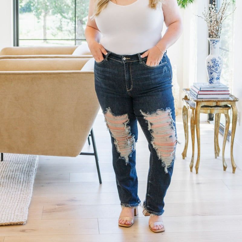 Judy Blue Sloane Mid Rise Heavy Destroyed Straight Jeans sold by Boujee Boutique product image thumbnail 2