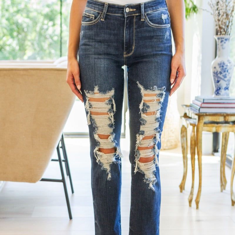 Judy Blue Sloane Mid Rise Heavy Destroyed Straight Jeans sold by Boujee Boutique product image thumbnail 4