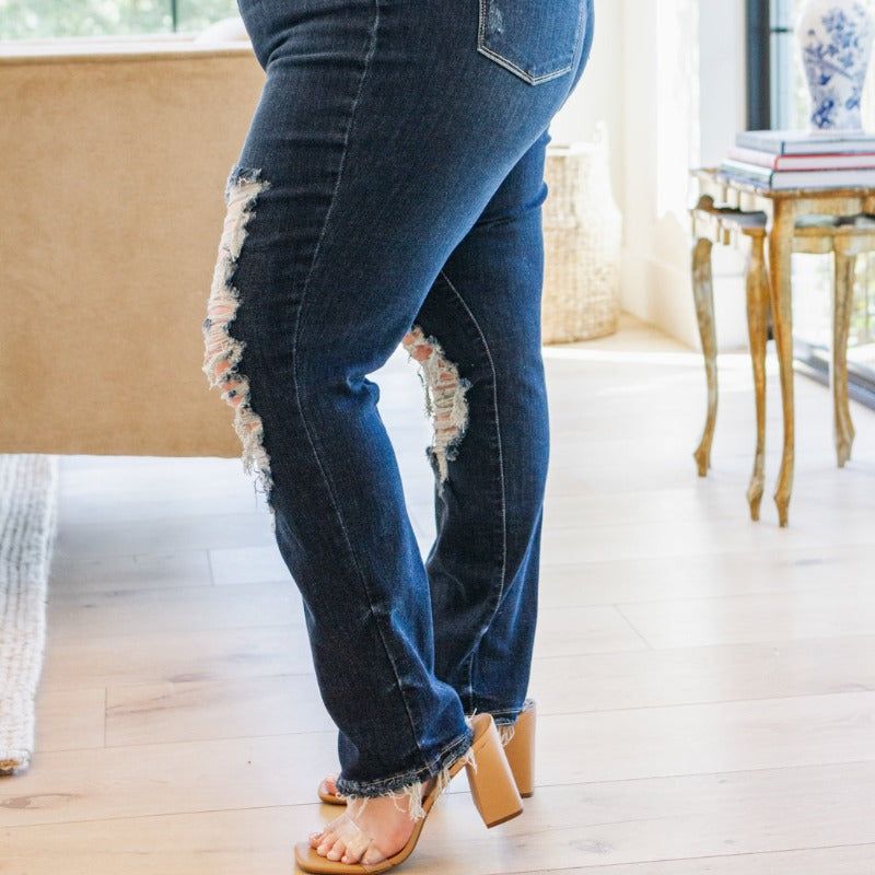 Judy Blue Sloane Mid Rise Heavy Destroyed Straight Jeans sold by Boujee Boutique product image thumbnail 5