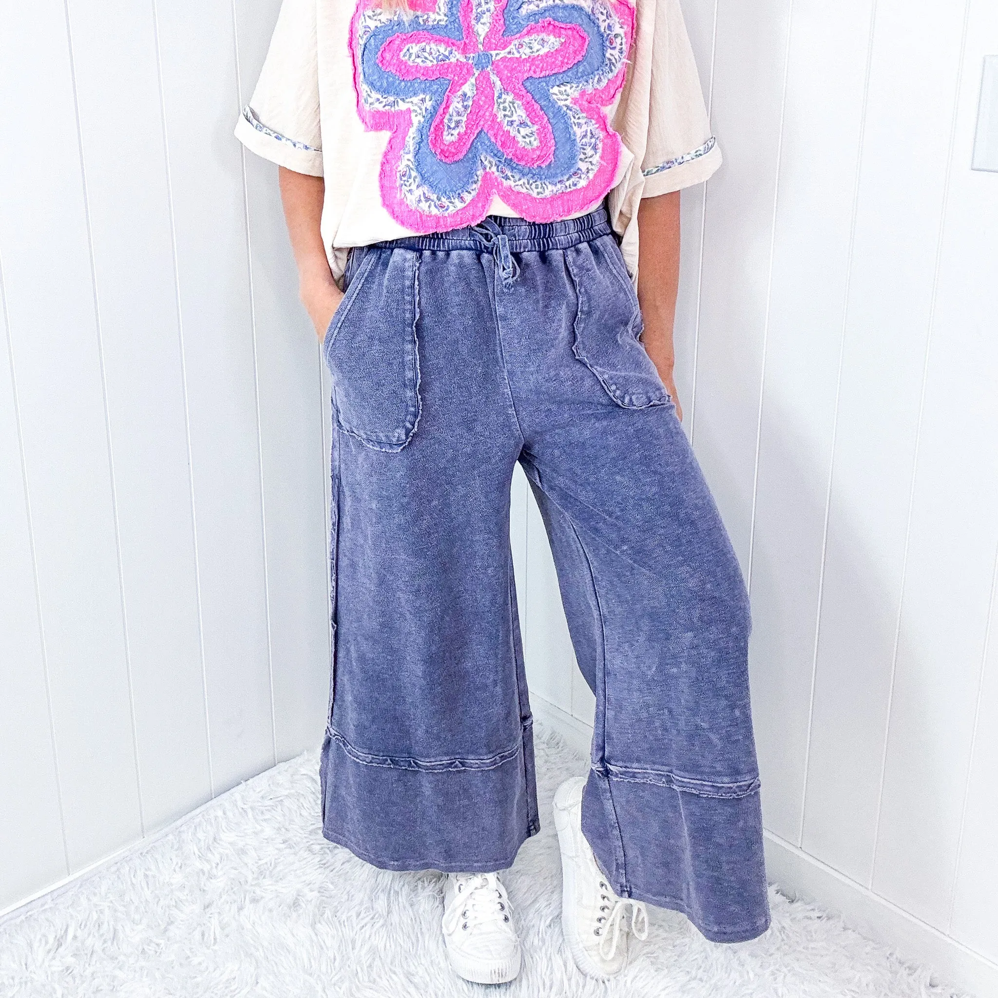 Washed Terry Knit Oversized Wide Leg Pull On Pants in 7 Colors sold by Boujee Boutique