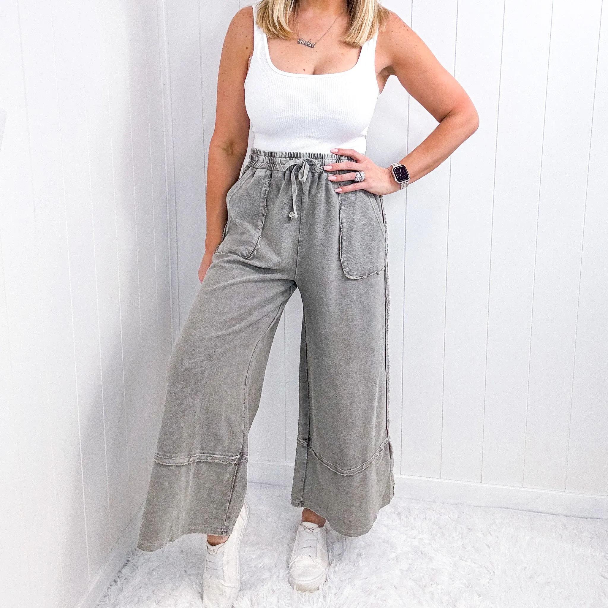 Washed Terry Knit Oversized Wide Leg Pull On Pants in 7 Colors sold by Boujee Boutique product image thumbnail 3