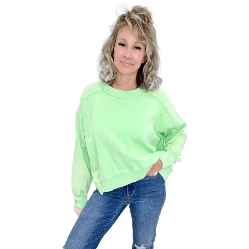 Easel Washed Lime Lightweight Long Sleeve Pullover sold by Boujee Boutique