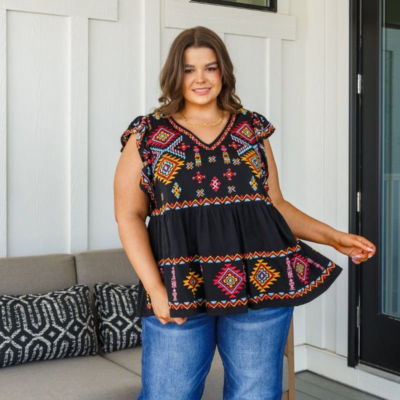 Sophia Embroidered Short Sleeve Blouse in Black sold by Boujee Boutique