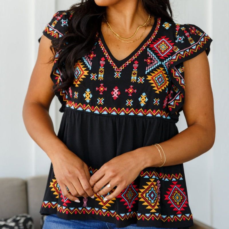 Sophia Embroidered Short Sleeve Blouse in Black sold by Boujee Boutique product image thumbnail 4