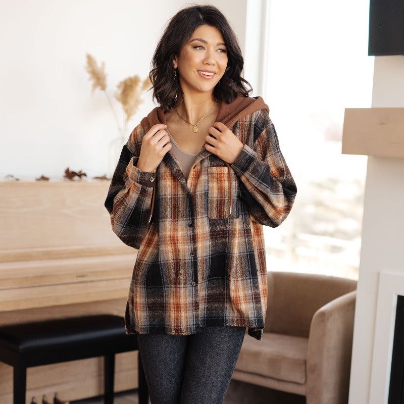 Comfort Zone Hooded Black and Brown Plaid Jacket sold by Boujee Boutique product image thumbnail 4