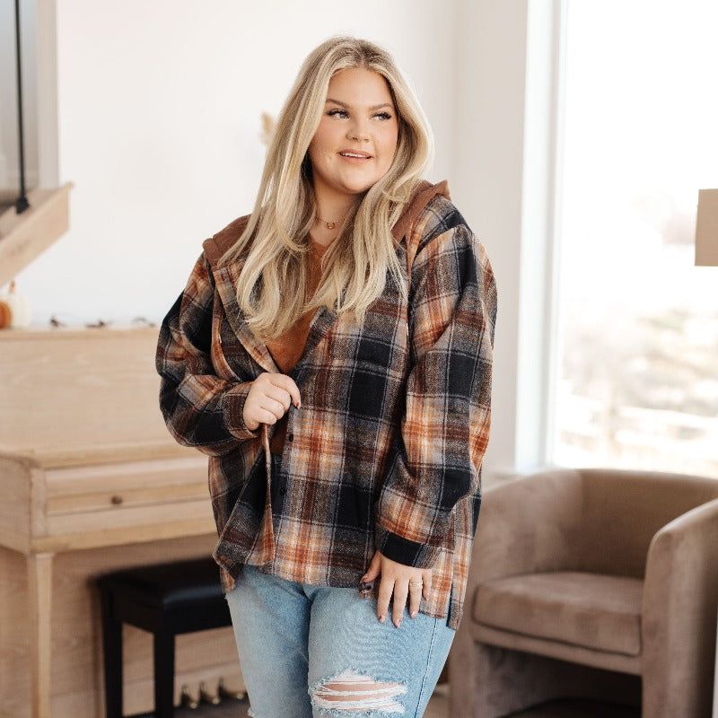 Comfort Zone Hooded Black and Brown Plaid Jacket sold by Boujee Boutique
