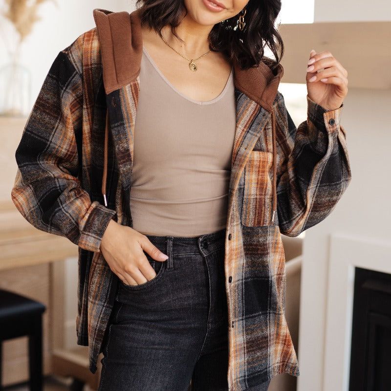 Comfort Zone Hooded Black and Brown Plaid Jacket sold by Boujee Boutique product image thumbnail 2