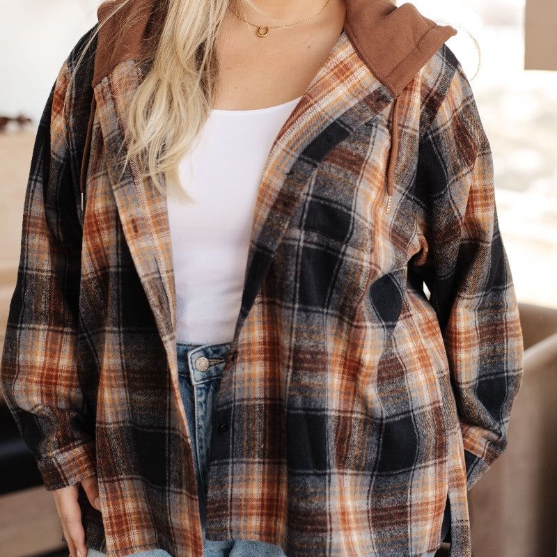 Comfort Zone Hooded Black and Brown Plaid Jacket sold by Boujee Boutique product image thumbnail 3