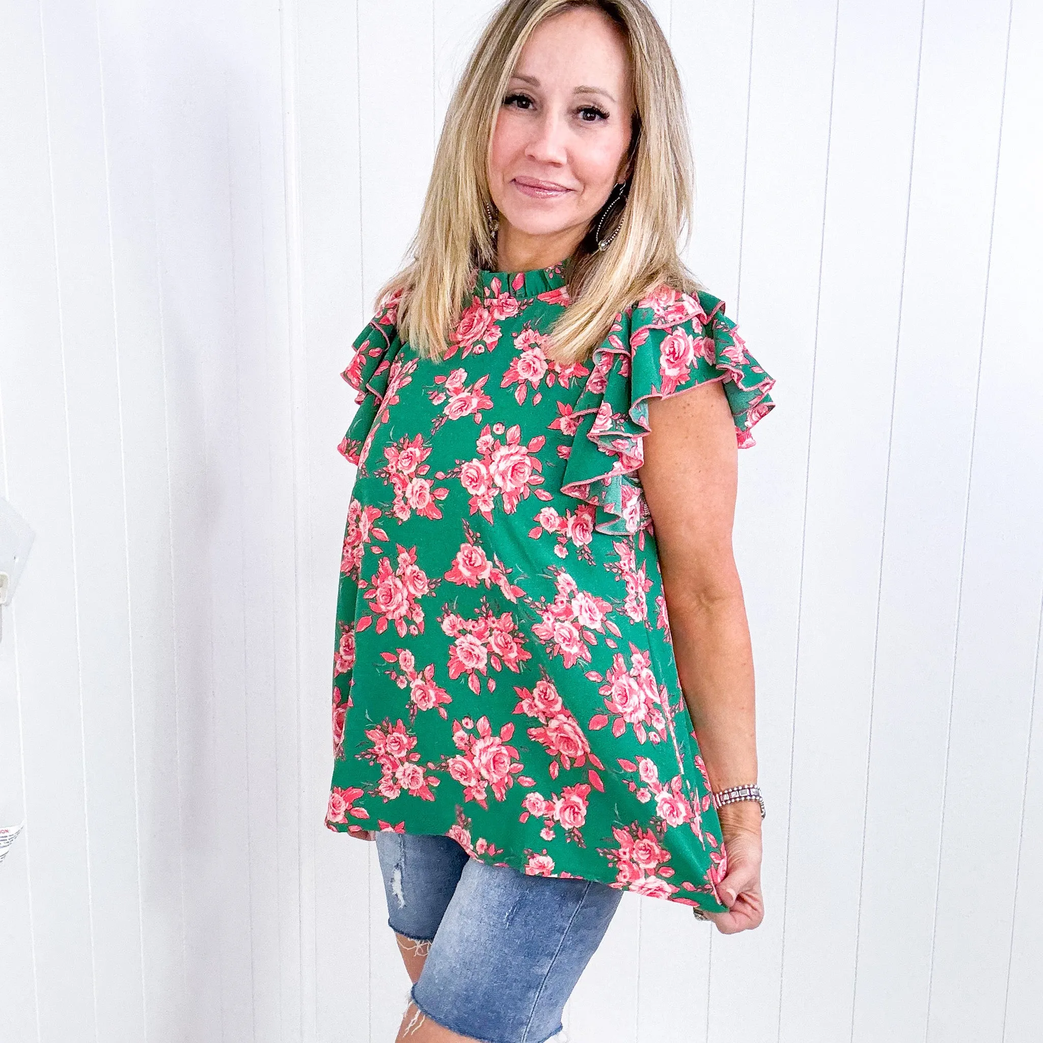 Look Of Love Green Floral Print Mock Neck Flutter Sleeve Top sold by Boujee Boutique product image thumbnail 4