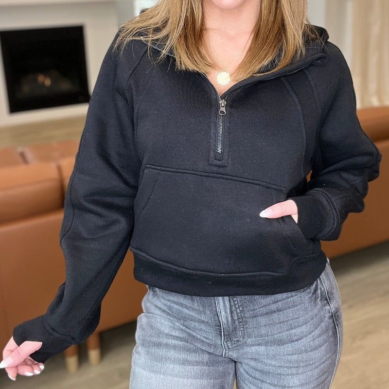 Half Zip Cropped Sweatshirt Fleece Hoodie in Black sold by Boujee Boutique
