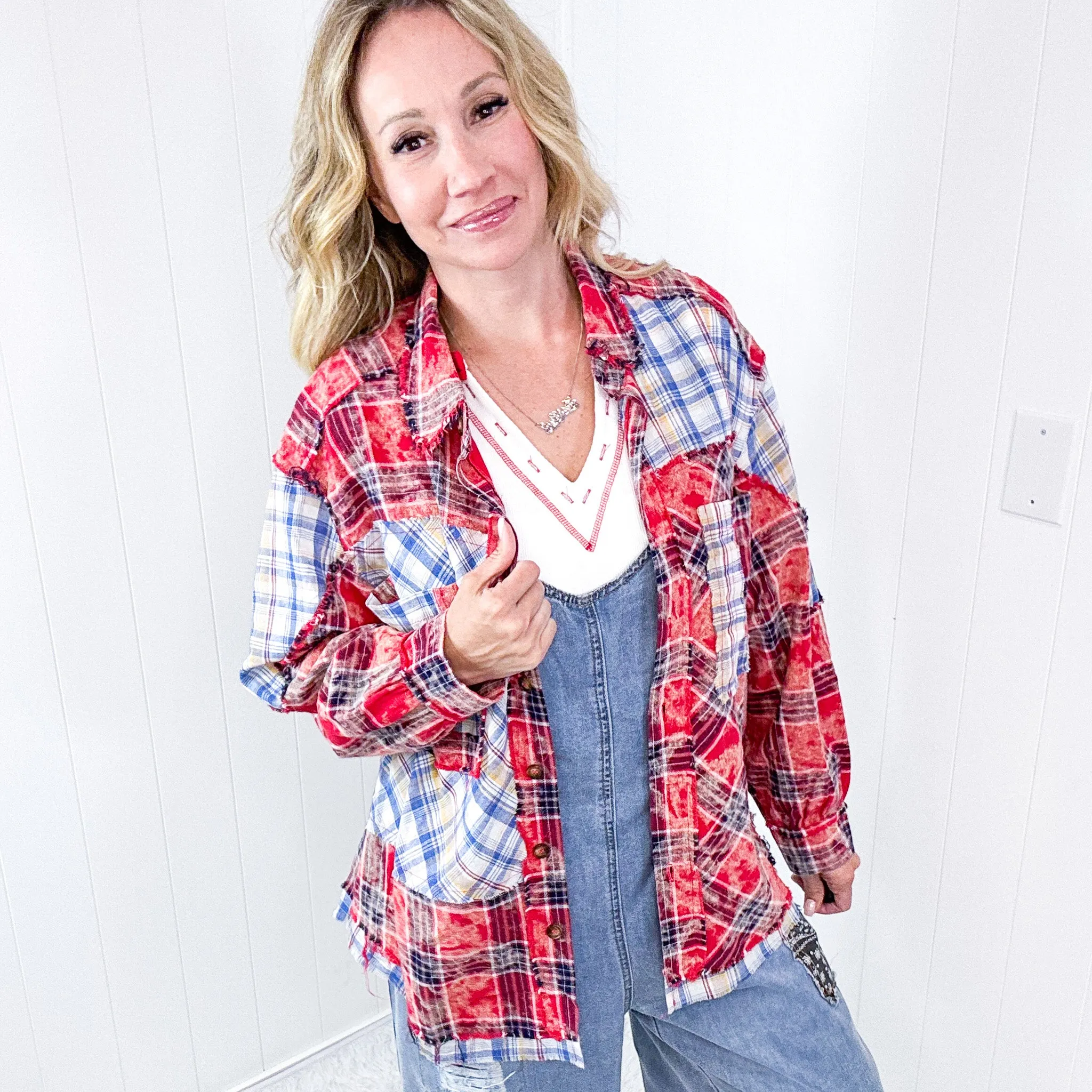 Pol Patchwork Queen Oversized Red Multi Plaid Long Sleeve Button up Top sold by Boujee Boutique